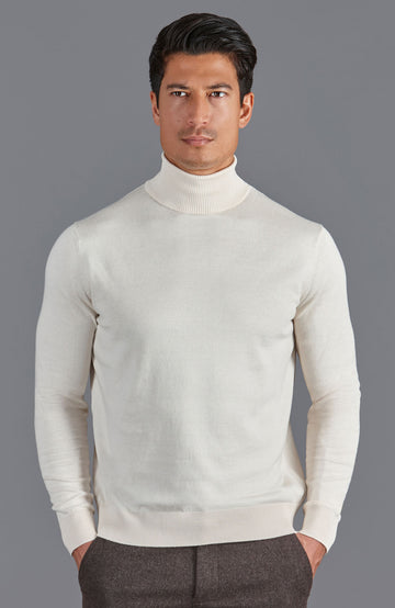 mens ecru roll neck cotton sweater