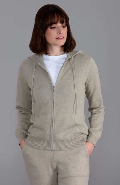 beige womens zip up hooded sweater