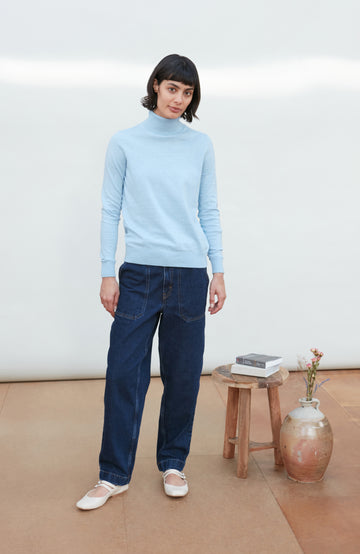 Womens blue roll neck fine cotton sweater by Paul James Knitwear