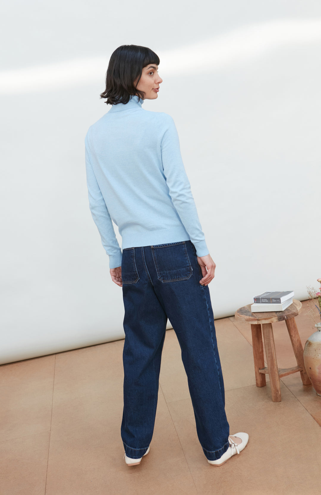 Womens blue roll neck fine cotton sweater by Paul James Knitwear