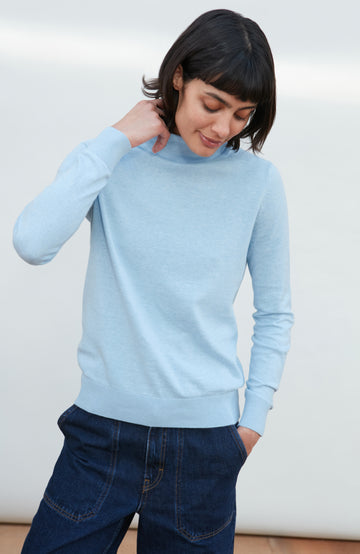 Womens blue roll neck fine cotton sweater by Paul James Knitwear