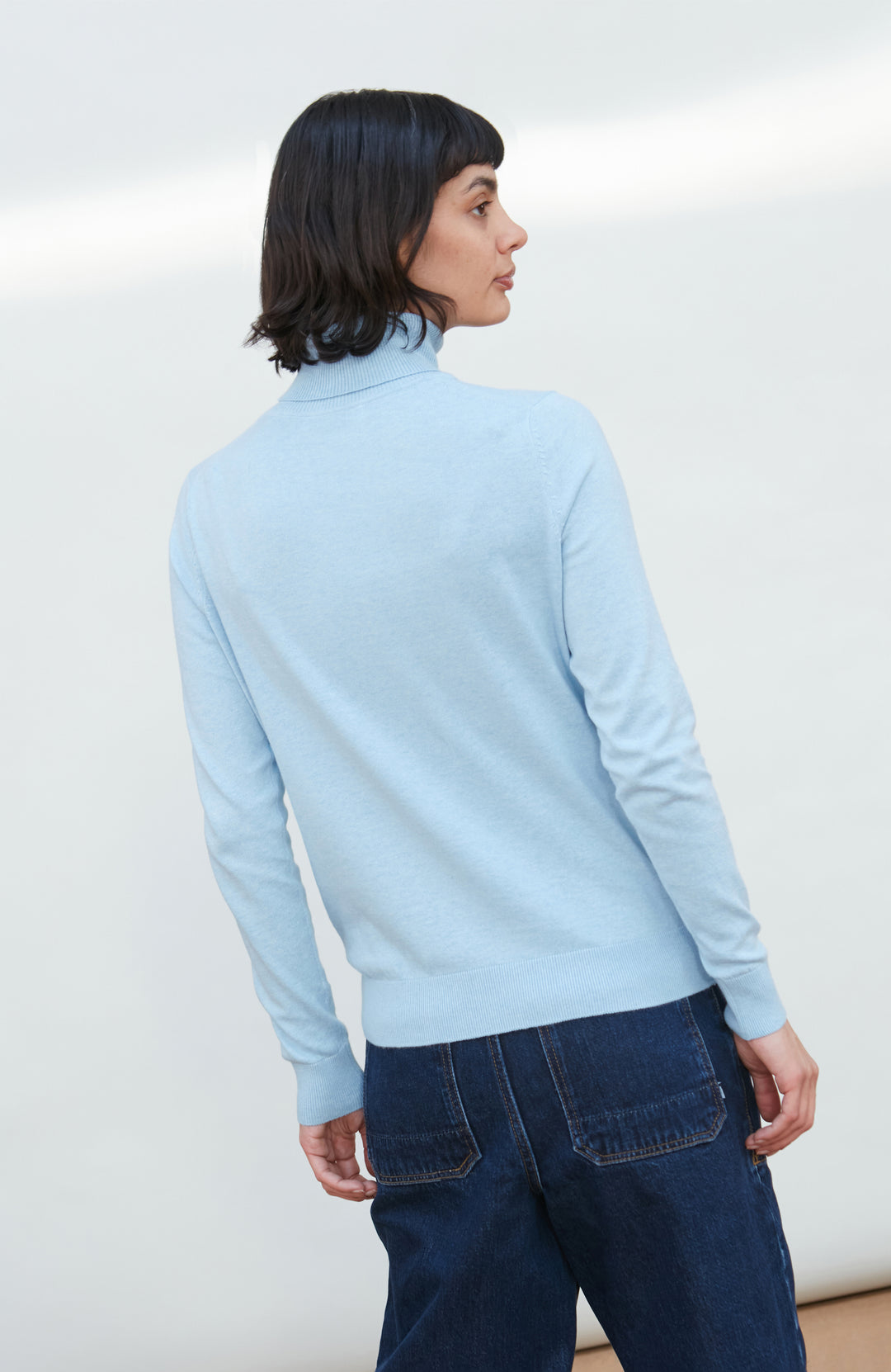 Womens blue roll neck fine cotton sweater by Paul James Knitwear
