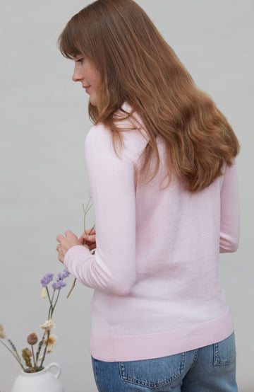 Womens pink roll neck fine cotton sweater by Paul James Knitwear