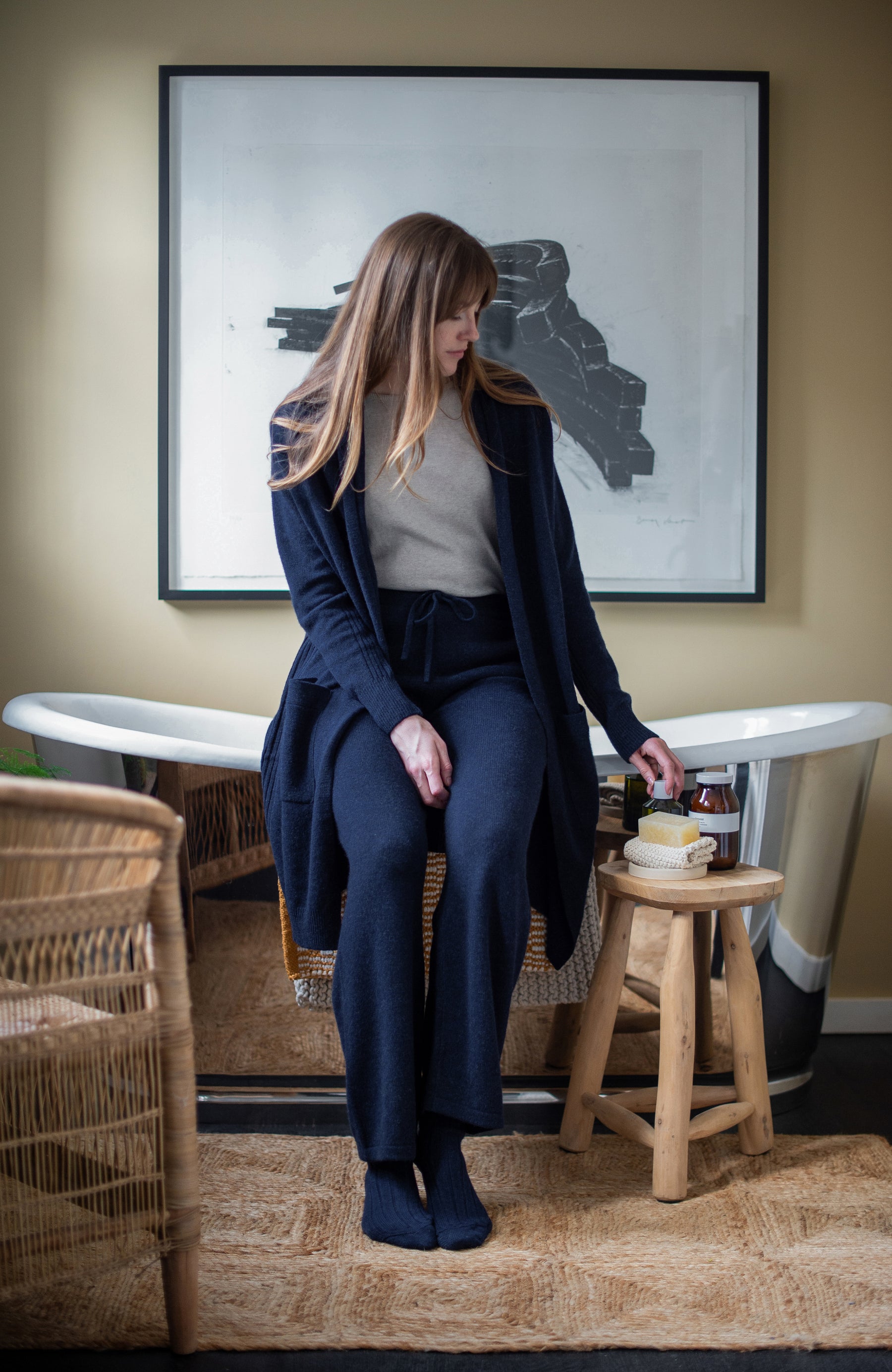 navy womens wool cardigan and trousers