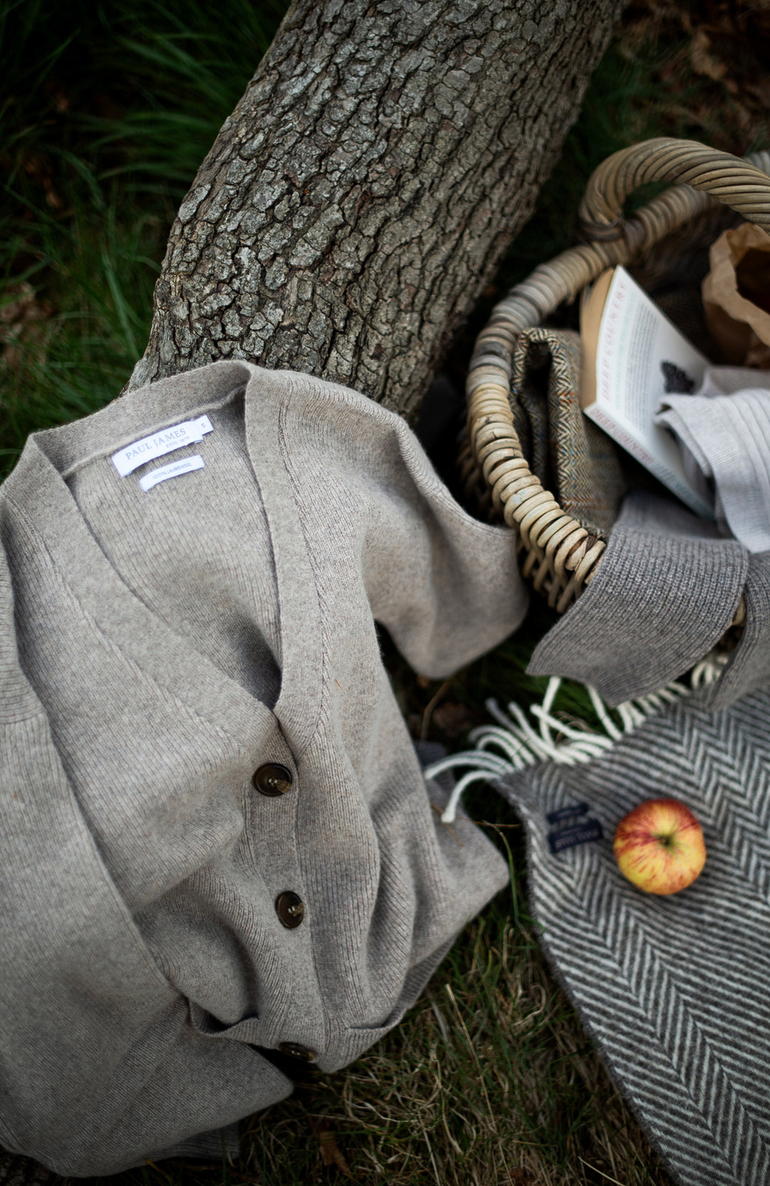 Gray WOOL CARDIGAN with buttons on a grassy ground next to a tree by Paul James