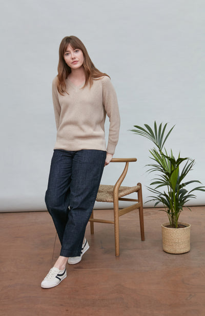 Womens Cotton Ribbed V Neck Jumper