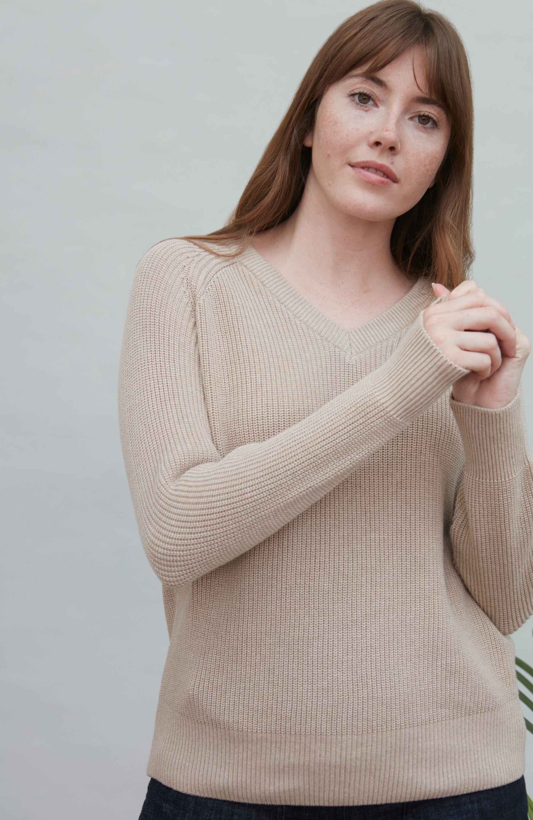 Womens Cotton Ribbed V Neck Jumper