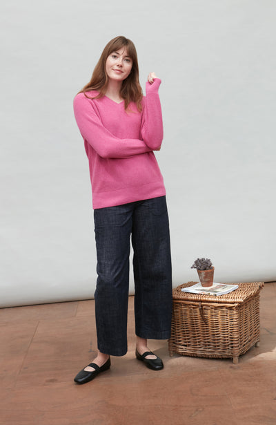 Womens Cotton Ribbed V Neck Jumper