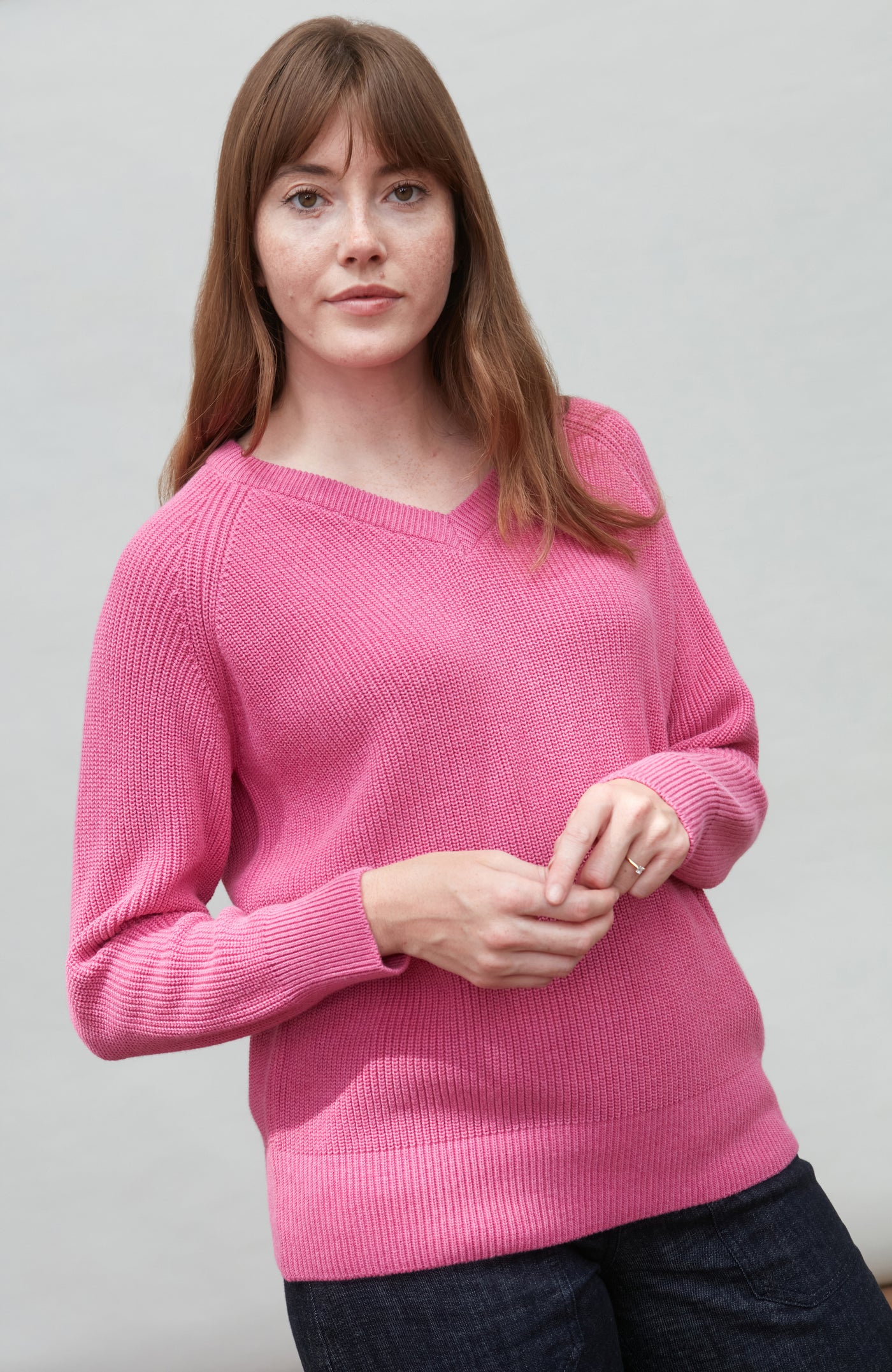 Womens Cotton Ribbed V Neck Jumper