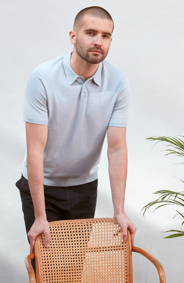 light blue men's short sleeve knitted polo shirt by Paul James Knitwear