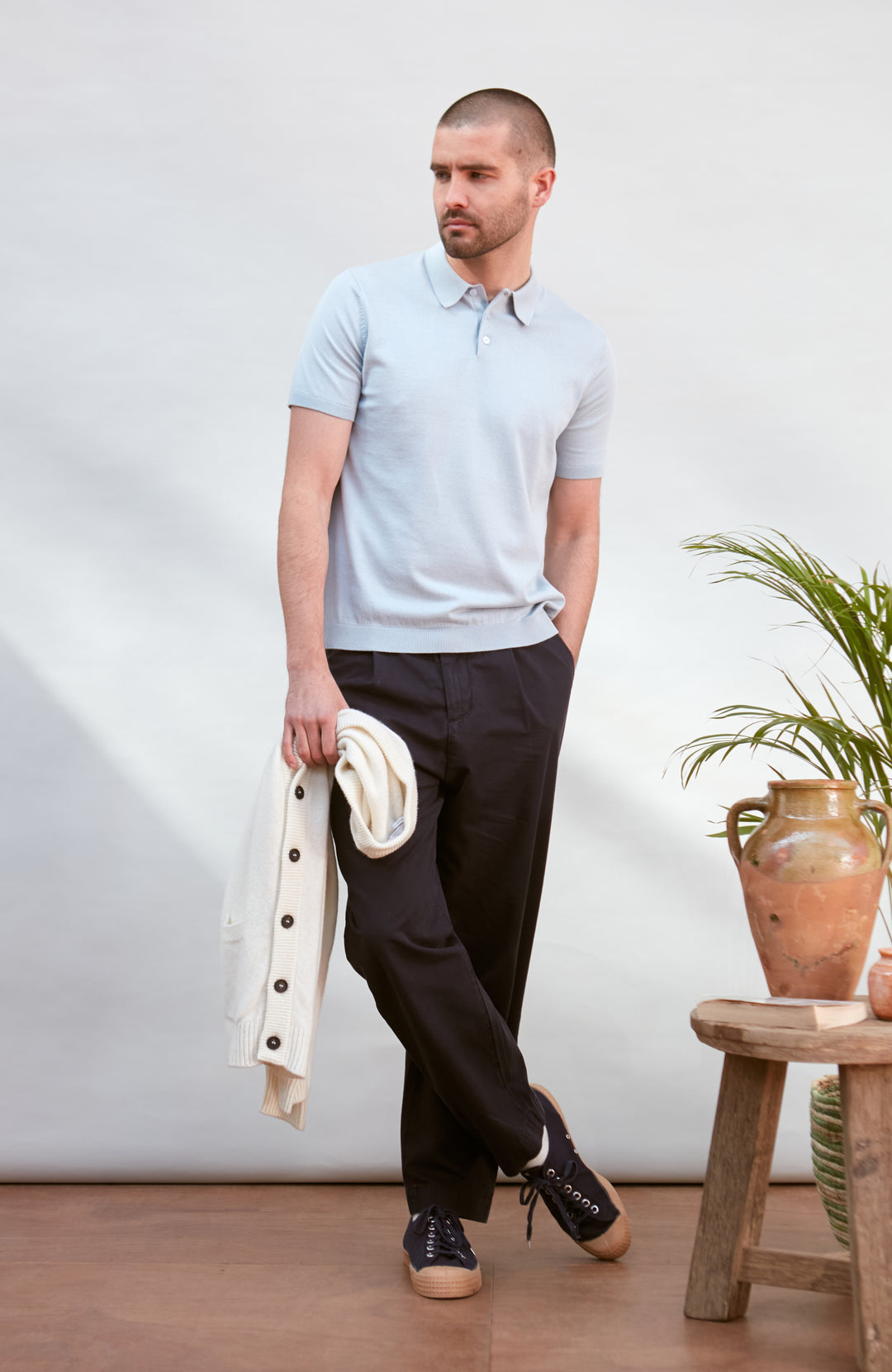 light blue men's short sleeve knitted polo shirt by Paul James Knitwear