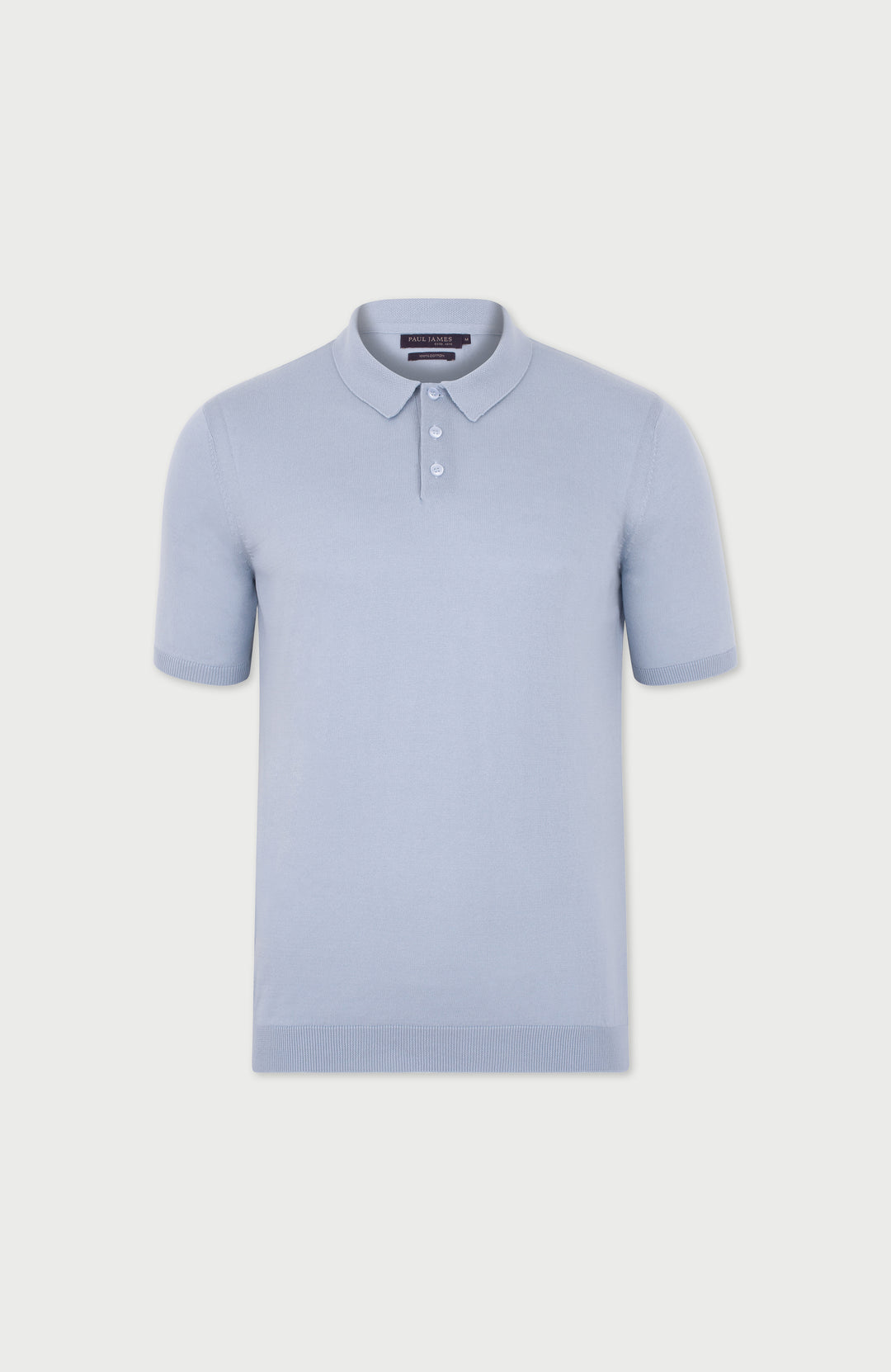 light blue men's short sleeve knitted polo shirt by Paul James Knitwear