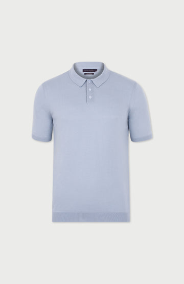 light blue men's short sleeve knitted polo shirt by Paul James Knitwear