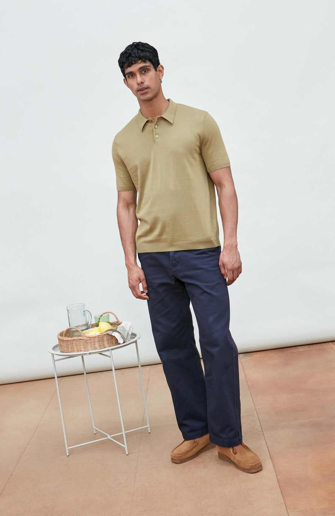 Light olive men's short sleeve knitted polo shirt by Paul James Knitwear