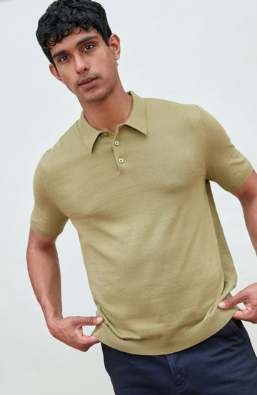 Light olive men's short sleeve knitted polo shirt by Paul James Knitwear