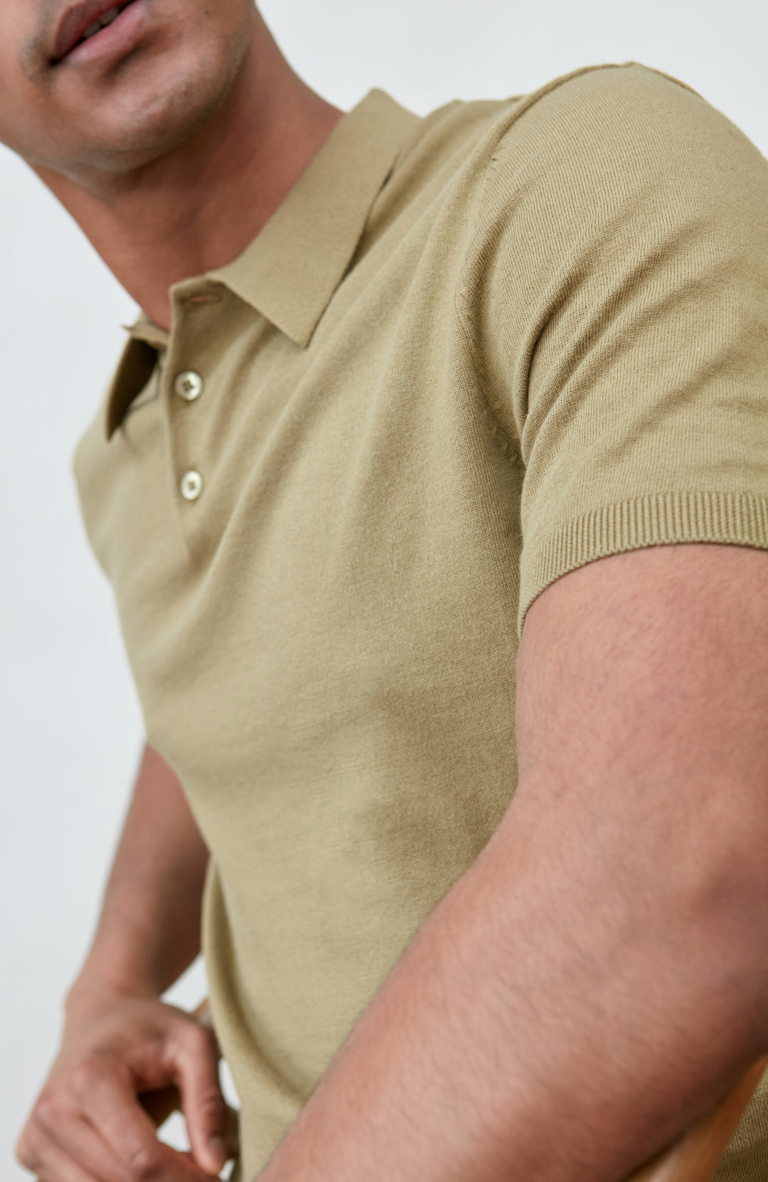 Light olive men's short sleeve knitted polo shirt by Paul James Knitwear