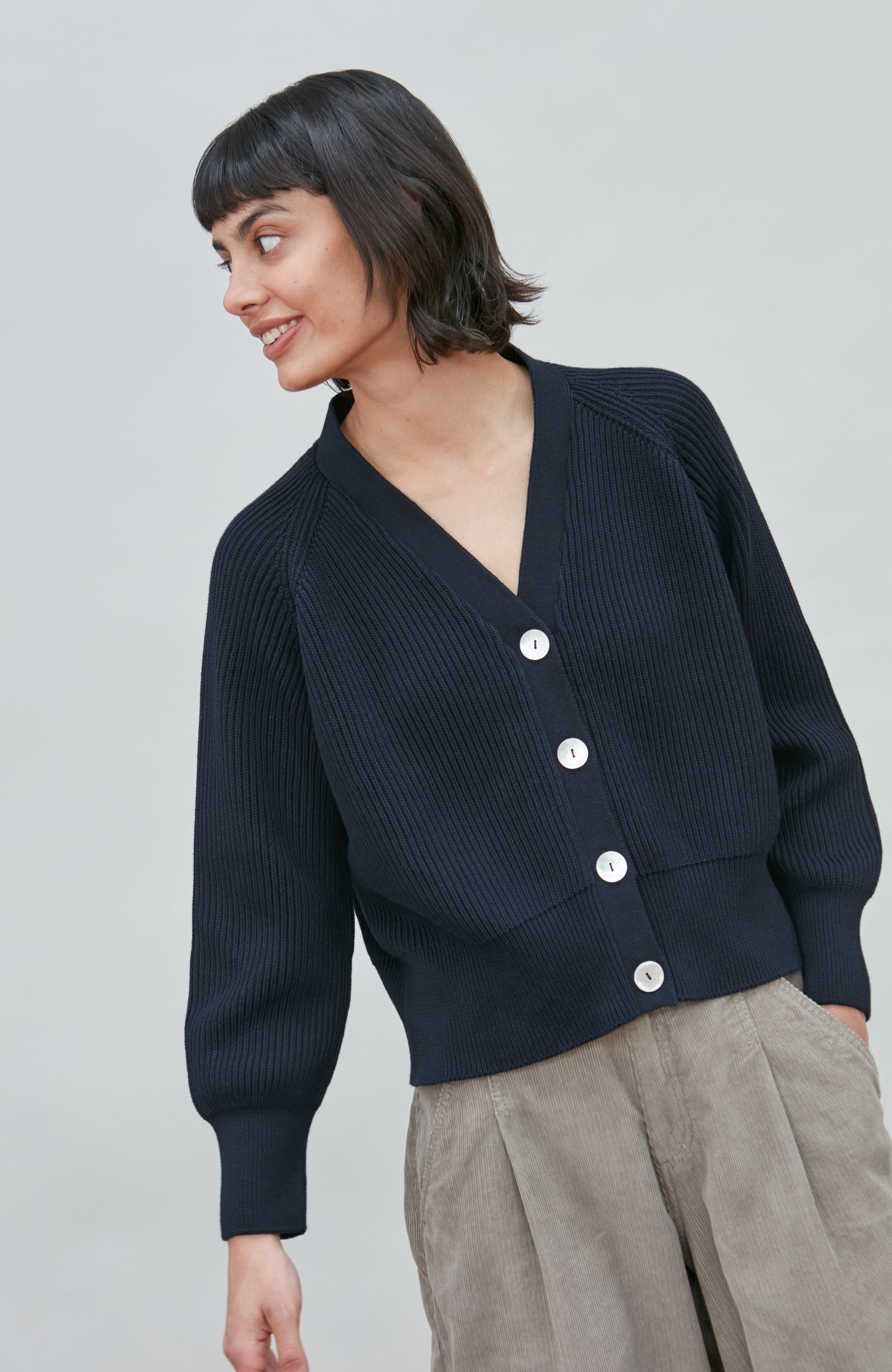 Womens Cotton Oversized V Neck Ribbed Cardigan