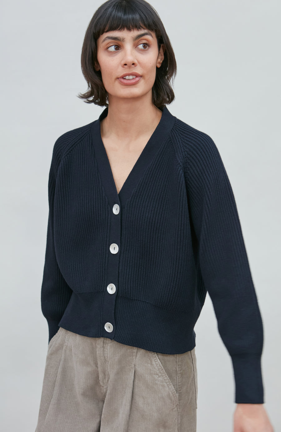 Womens Cotton Oversized V Neck Ribbed Cardigan - Feature 4