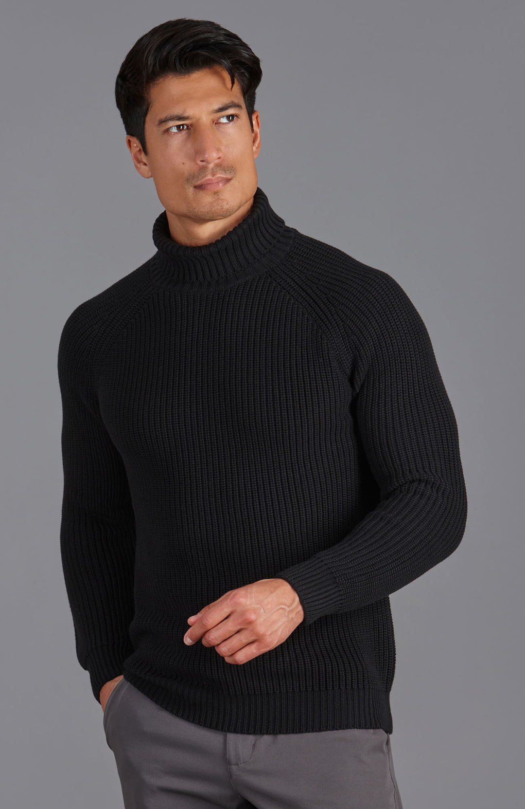 Men's Black Chunky Rib Cotton Roll Neck Sweater by Paul James Knitwear