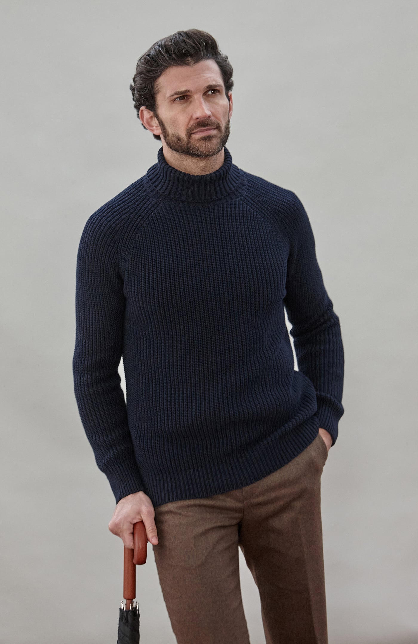【ROKU】SILK HIGH NECK RIB PULLOVER Mens Rib Roll Neck Navy | The Sweater Shop