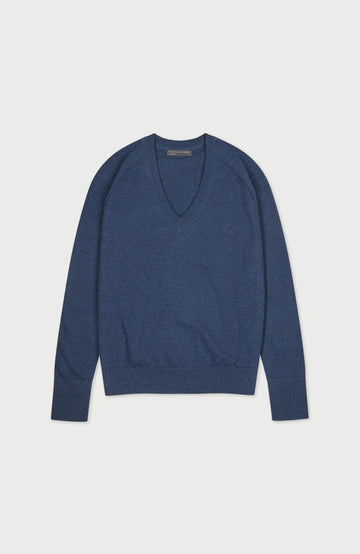 Blue women's deep V-neck cotton jumper by Paul James Knitwear