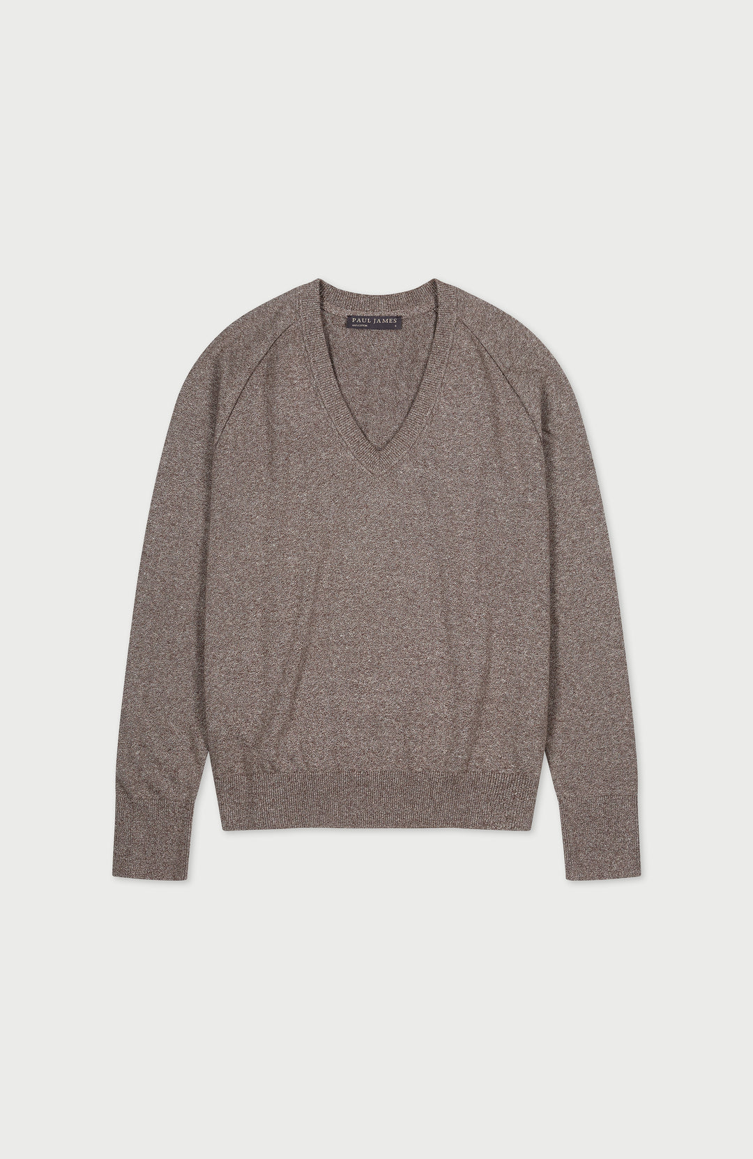 dark brown women's deep V-neck cotton jumper by Paul James Knitwear