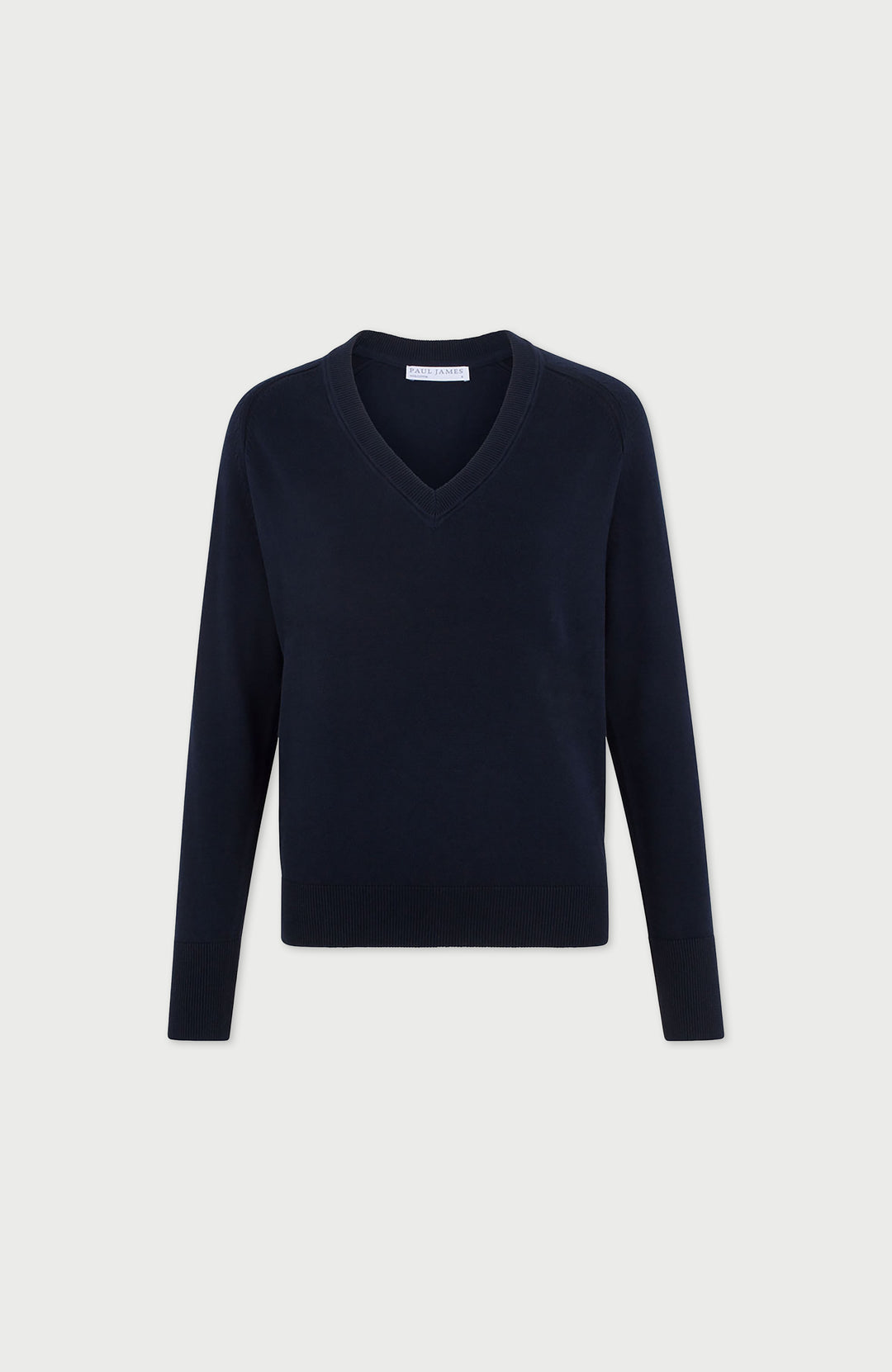 navy women's deep V-neck cotton jumper by Paul James Knitwear