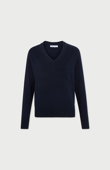 navy women's deep V-neck cotton jumper by Paul James Knitwear