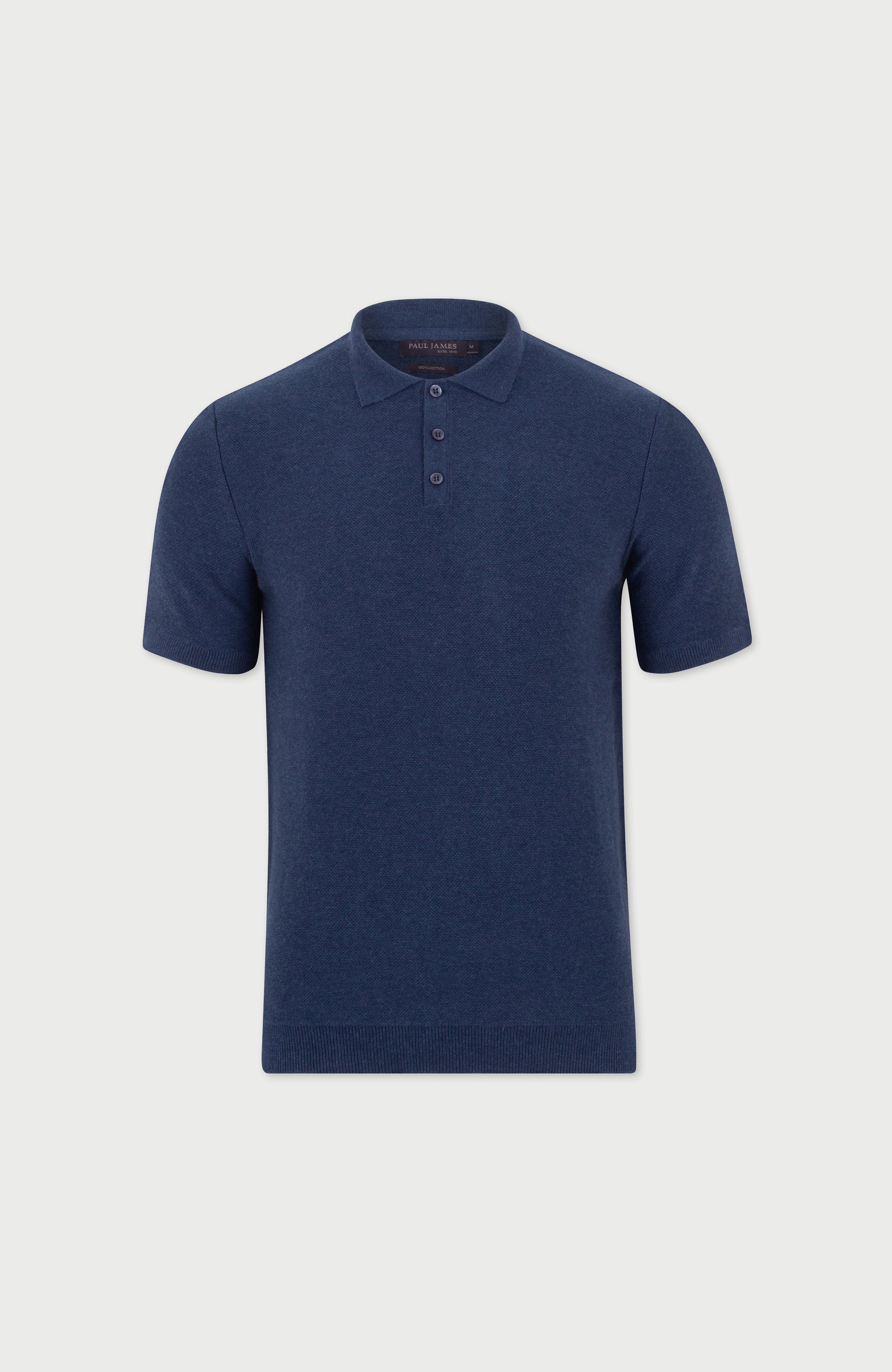 Navy blue mens polo shirt by paul james on a light gray background