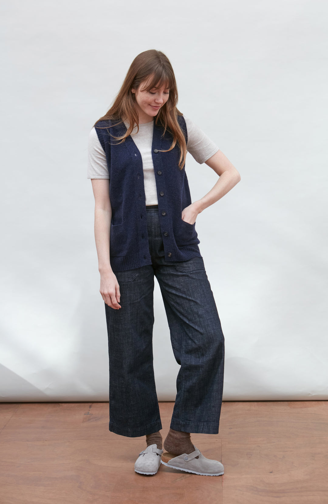 navy womens wool sleeveless cardigan