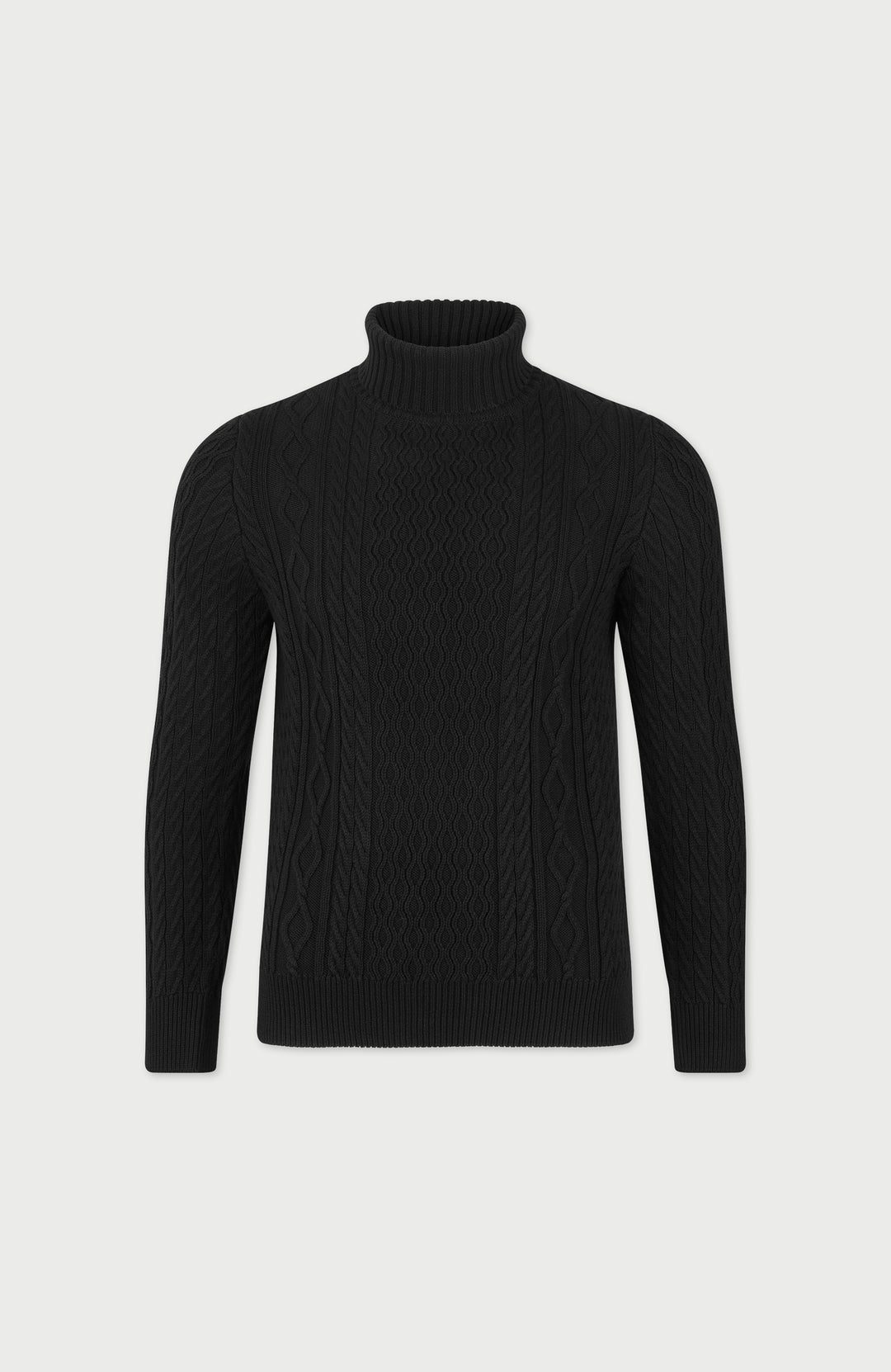 black mens cable roll neck cotton jumper by paul james