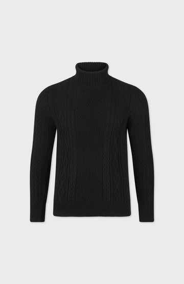 black mens cable roll neck cotton jumper by paul james