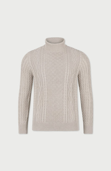 Mens Midweight Cotton Roll Neck Cable Jumper