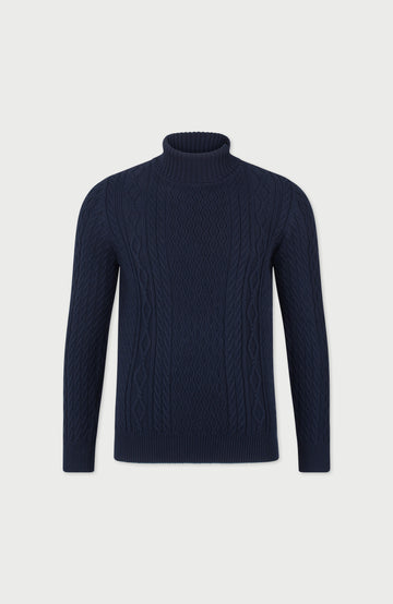 Mens Midweight Cotton Roll Neck Cable Jumper