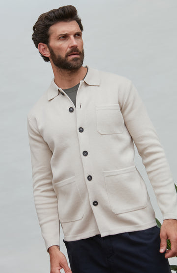 light beige mens overshirt by Paul James Knitwear