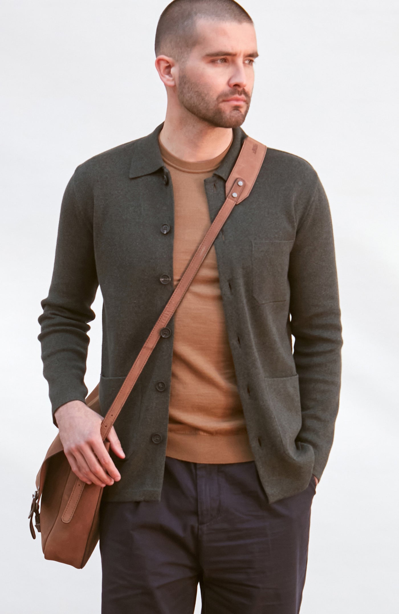 GREEN MENS KNITTED COTTON OVER SHIRT