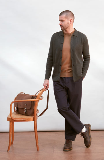 green mens knitted over shirt by Paul James