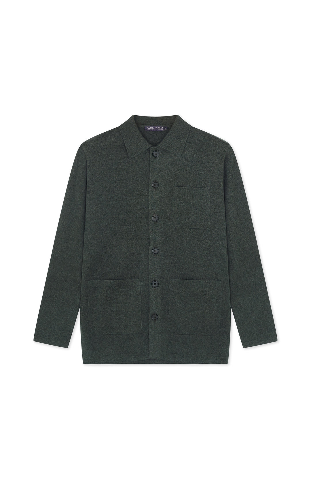 A dark forest green cotton cardigan jacket with a button-up front, collar, and front pockets, displayed flat against a plain white background. Made by Paul James Knitwear.