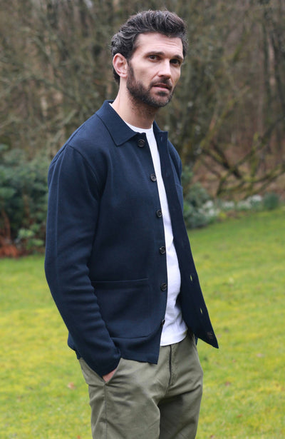 navy mens cotton knitted work shirt by paul james knitwear