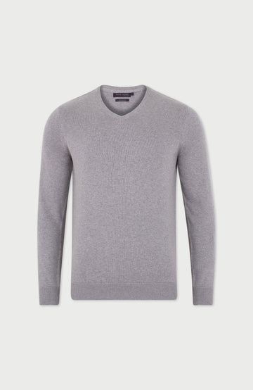 Grey Men's V-neck Cotton Sweater by Paul James