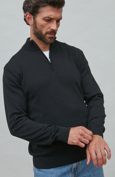 Man wearing a black quarter-zip sweatshirt against a gray background