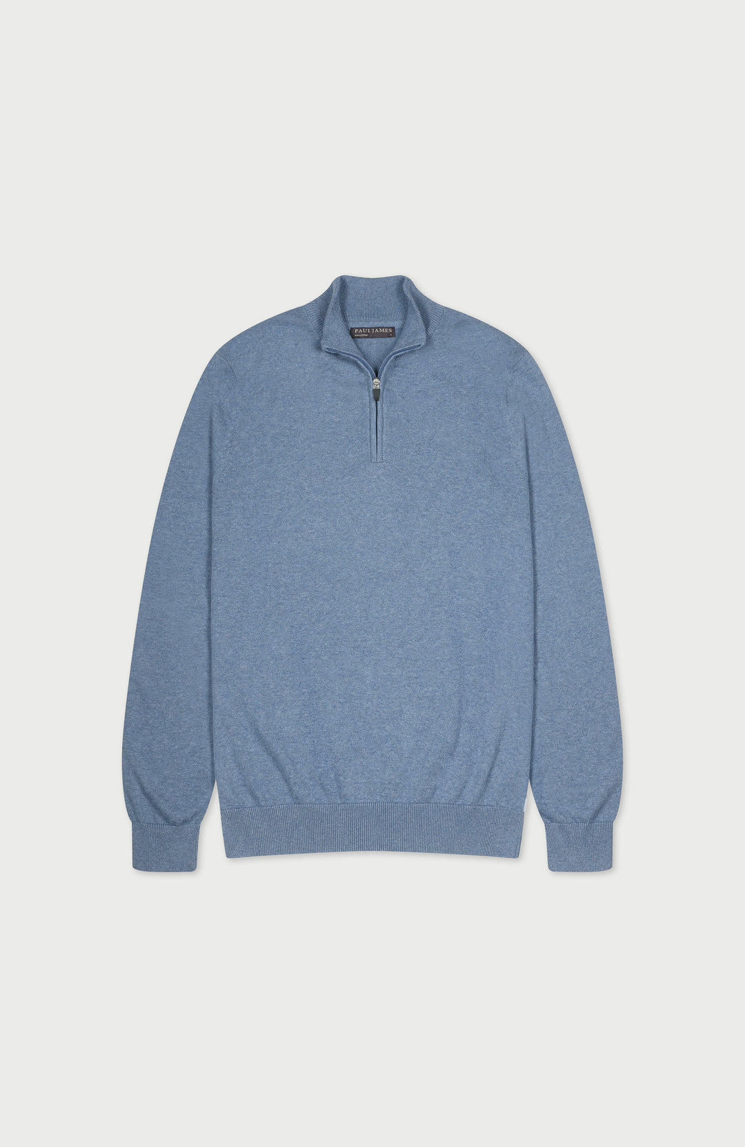 Men's denim blue cotton half-zip neck sweater by Paul James Knitwear.