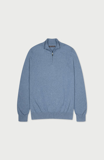 Men's denim blue cotton half-zip neck sweater by Paul James Knitwear.