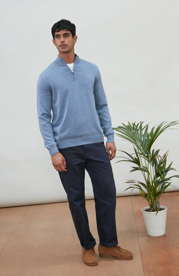 Men's blue zip-neck cotton sweater by Paul James Knitwear.