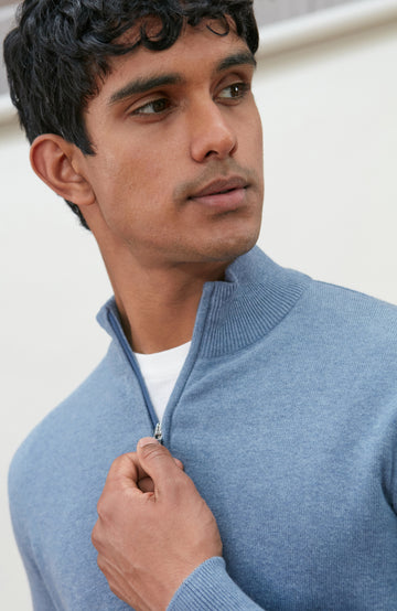 Men's blue zip-neck cotton sweater by Paul James Knitwear.