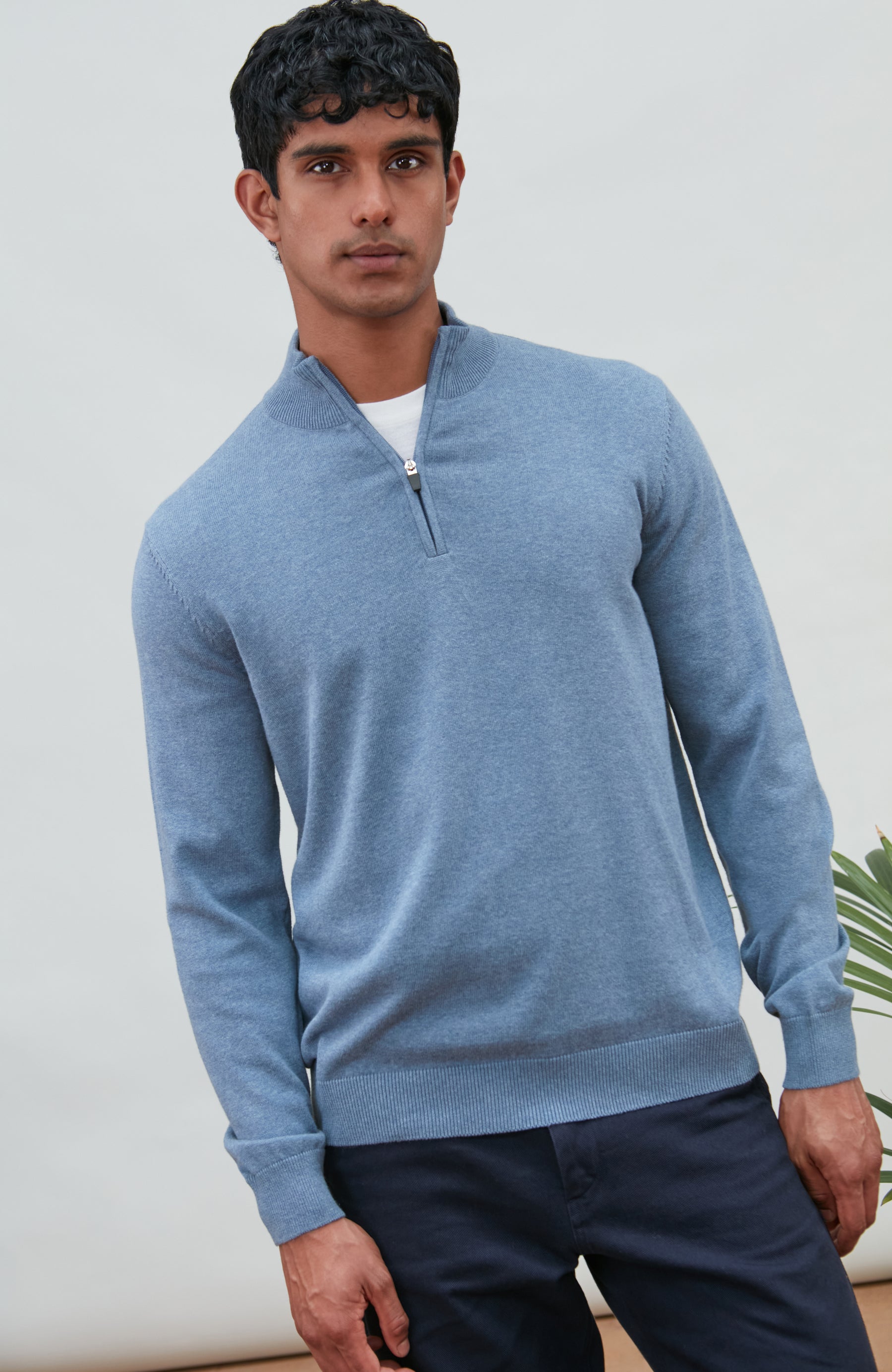Denim blue half zip-neck cotton sweater by Paul James Knitwear 