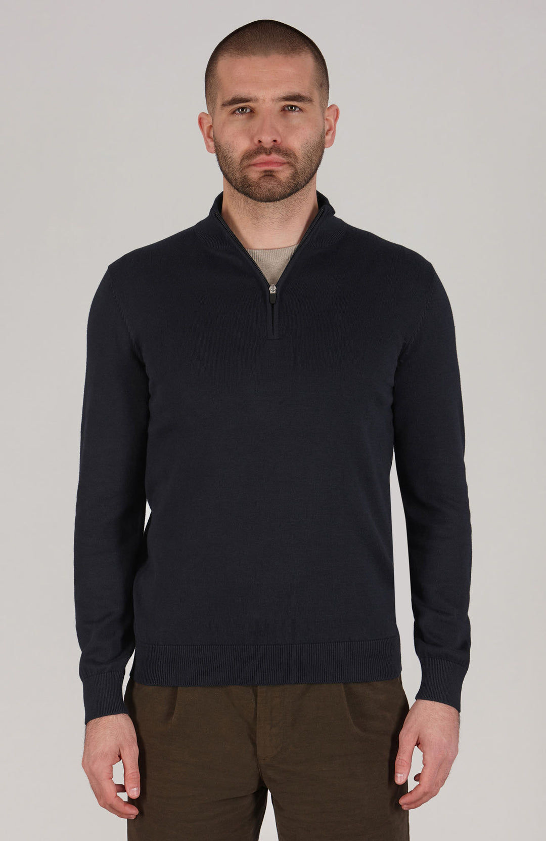 navy mens zip neck cotton jumper By Paul James