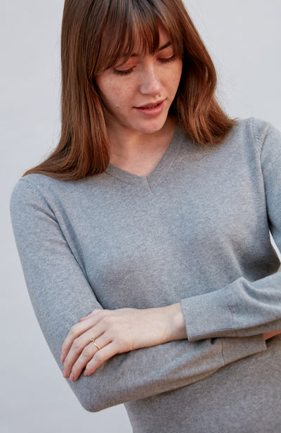 womens grey cotton v neck jumper