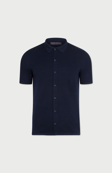 navy mens short-sleeve shirt by paul james on a light beige background
