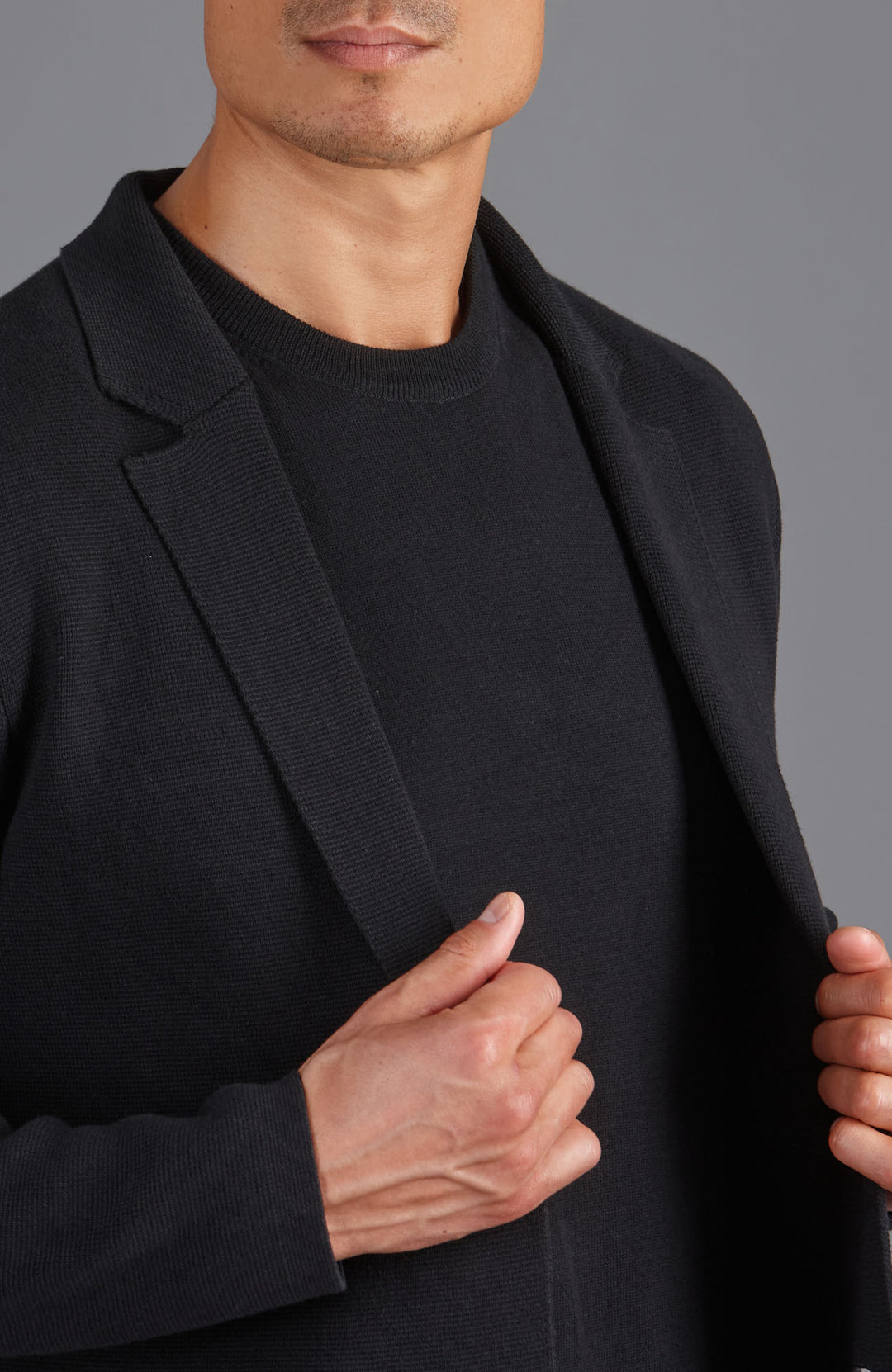 black mens knitted unstructured blazer
